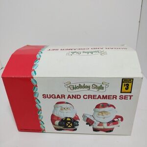 Vintage Santa Claus Face Head Ceramic Creamer‎ Sugar W/ Lids 2 PC Christmas Set